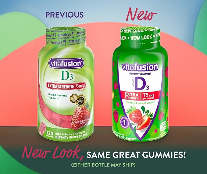 Vitafusion Probiotic Gummy Supplements Raspberry Peach and Mango Flavors &amp Extra Strength Vitamin D3 Gummy Strawberry Flavored Bone and Immune System Support (1) 120 Count