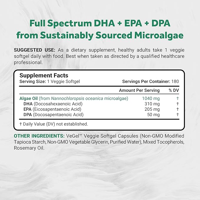 Naturalis Double Strength Vegan Omega 3 DHA EPA &amp DPA from Microalgae | Vegan Society Certified Sustainably Sourced True Full Spectrum | 180 Veggie Softgels (Carrageenan Free)