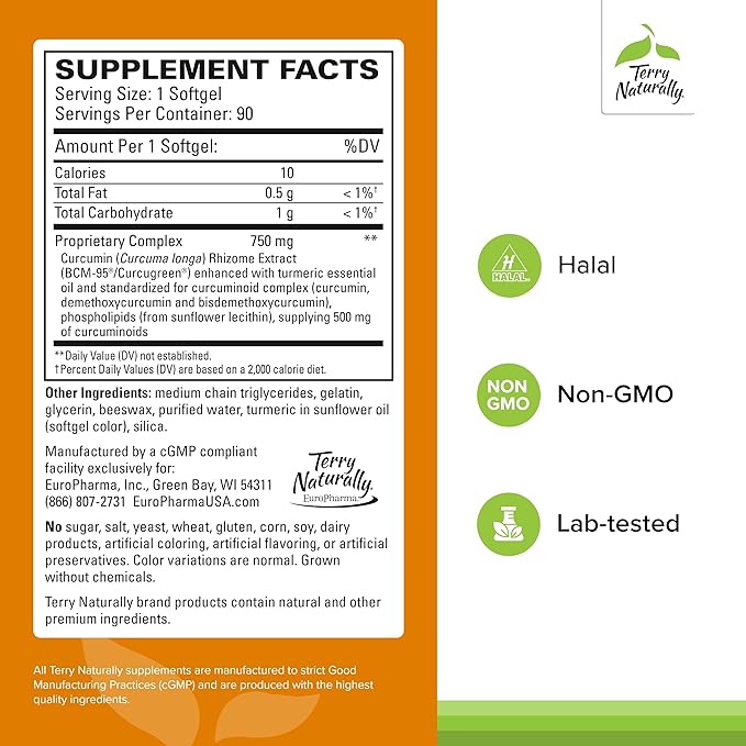 Terry Naturally CuraMed 750mg - Antioxidant Supplement for Brain &amp Heart Health - Supplement with High-Potency Curcumin Complex - Kidney Liver &amp Immune Health Support - 90 Softgels (Pack of 2
