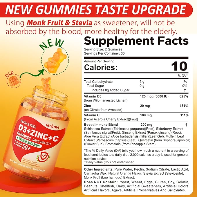 Sugar Free Vitamin C + D3 + Zinc Gummies for Adults 50 + 9 in 1 Immune Defense Supplement with D3 5000IU Elderberry Echinacea Mullein Leaf for Boost Immunity Power Antioxidant Vegan (Pack of 1)