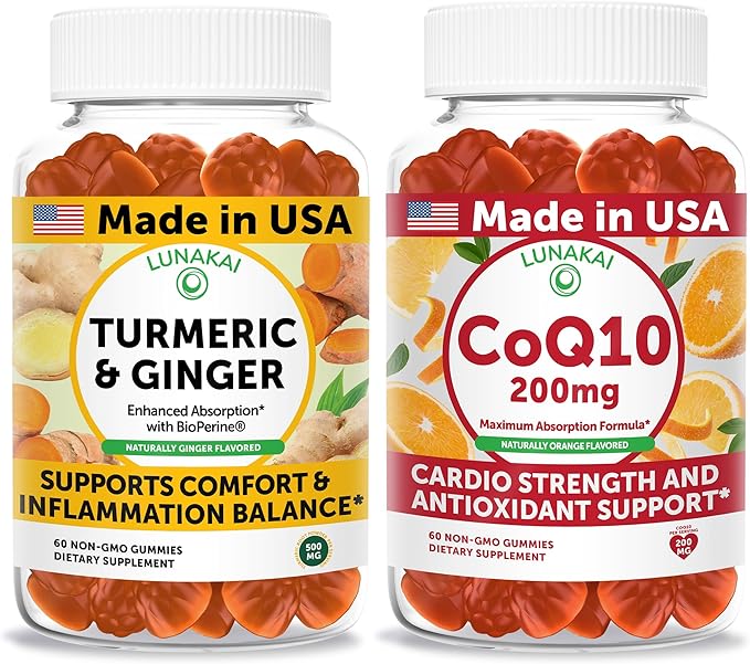 Lunakai USA Made Turmeric &amp Ginger + CoQ10 200mg Gummies Bundle – Naturally Flavored Non-GMO – 60ct Each
