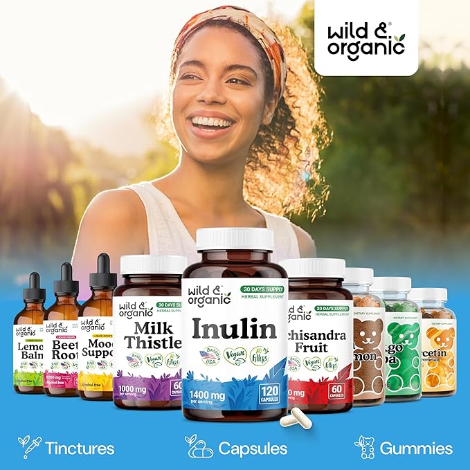 Wild &amp Organic Inulin Capsules 1400 mg - Digestive &amp Gut Support - Inulin Prebiotic Fiber Powder Supplement - Chicory Root Derived - Vegan No Fillers Non-GMO - 120 Count