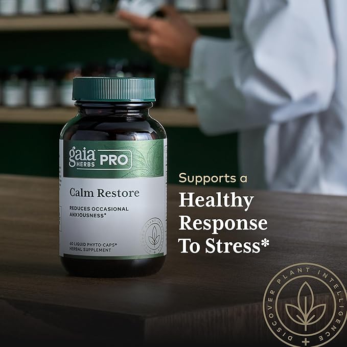 GAIA HERBS PRO Calm Restore - Nervous System Support Supplement* - Calm Support Supplement* with Skullcap Chamomile Holy Basil &amp Lavender - 60 Liquid Phyto-Caps (20 Servings)