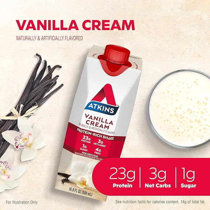 Atkins Vanilla Cream Meal Size Protein Shake 23g Protein &amp Strawberry Protein Shake 15g Protein Low Glycemic 2g Net Carb 1g Sugar Keto Friendly 12 Count