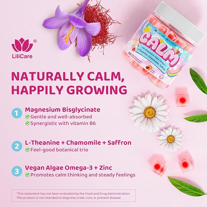 Kids Calm Magnesium Bisglycinate + Omega 3 Gummies High Absorption Magnesium Glycinate Supplement Gummy for Kids with L-Theanine Chamomile &amp Saffron Natural Calming Focus Gummies - Sugar Free