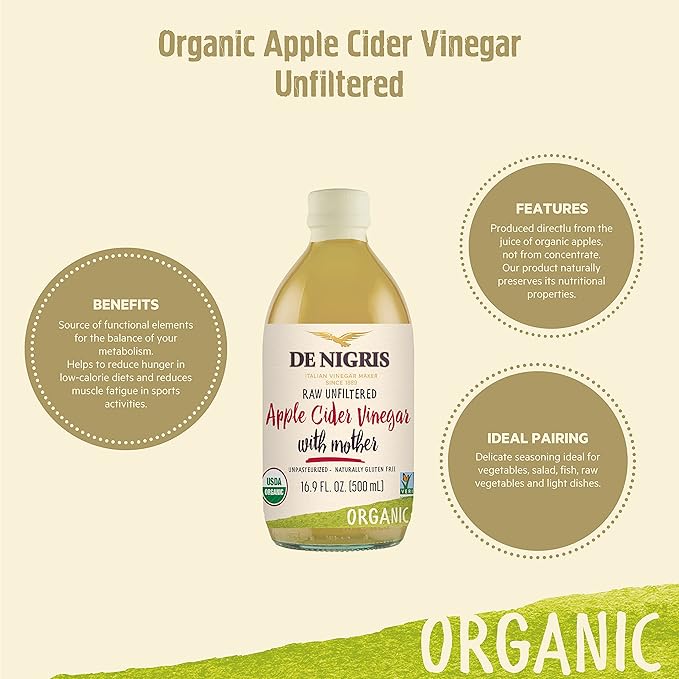 De Nigris Organic Apple Cider Vinegar Raw &amp Unfiltered 169 Oz (Pack of 2) | Apple Cider Vinegar With Mother A Source Of Functional Elements For The Balance Of Metabolism | Organic