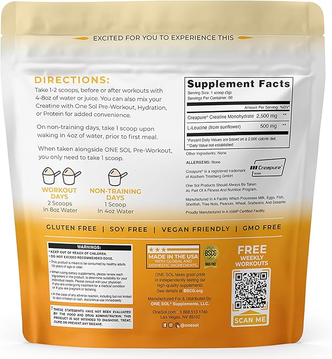 One Sol Creatine for Women All Natural Women’s Creatine Powder w Creapure &amp Leucine Increase Lean Muscle Mass Reduce Recovery Time Promotes Brain &amp Bone Health (Unflavored 60 Servings)