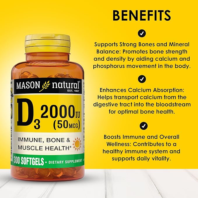 MASON NATURAL Vitamin D3 2000 IU Ultra Strength Supports Bone Density Strength &amp Immune Health 300 Softgels
