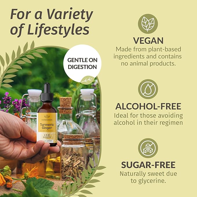 HERBAMAMA Liquid Drops Kit - Bundle of Turmeric Ginger Extract and Mullein Leaf Tincture 2 fl oz - Vegan Non-GMO Sugar &amp Alcohol-Free - 2 Pack