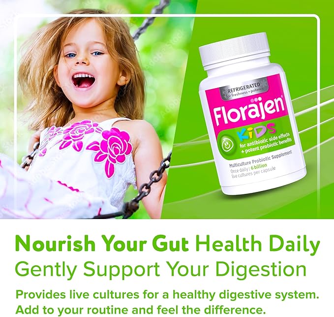 Florajen Kids Probiotic - Daily Gut &amp Immune Support for Children 6 Months &amp Up - Constipation Bloating &amp Digestive Relief - Refrigerated for Freshness &amp Potency - 60 Capsules