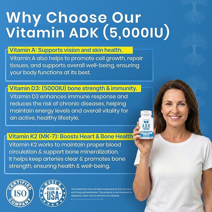 ADK 90 CT 5000 IU Physician Formulated Vitamins A D3 &amp K2 (as MK7) Bone Heart &amp Immune System Support Gluten Free Soy Free Non-GMO
