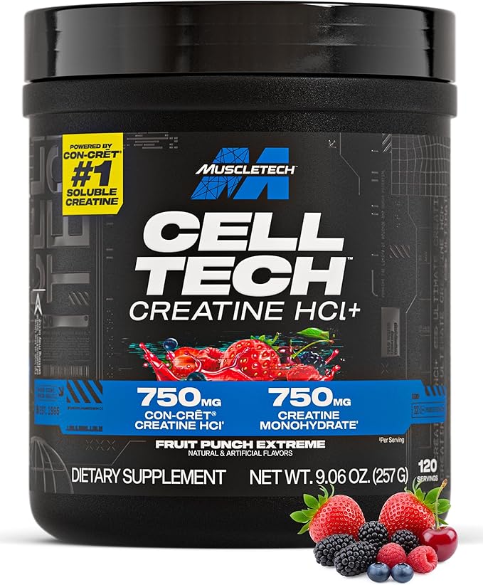 MuscleTech Cell-Tech Creactor - Creatine HCl Formula - Muscle Builder for Men &amp Women - Creatine HCl + Free-Acid Creatine Supplements - Fruit Punch Extreme 120 Servings