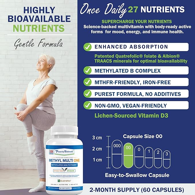 Power By Naturals Methyl Multi One - Iron-Free Methylated Multivitamin with Quatrefolic 5-MTHF Active B12 P5P CoQ10 &amp Zinc for MTHFR Support - Energy &amp Focus Formula - 60 Capsules (2-Month