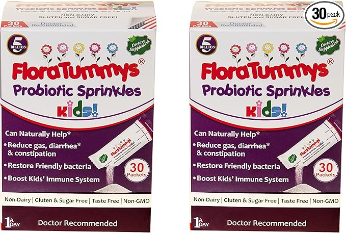 FloraTummys Probiotic Sprinkles for Kids: 30 Taste-Free Powder Packets Free of Food Allergens Non-Dairy Gluten Free Sugar-Free Non-GMO Vegan