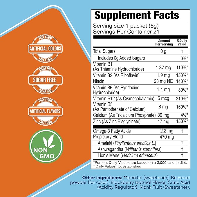 Focus Sugar Free Drink Mix with Ashwagandha Lion’s Mane &amp B Vitamins BlackBerry 21 Day Supply Sleep Aid with Melatonin &amp Herbs Cherry 32 Chewable Tablets