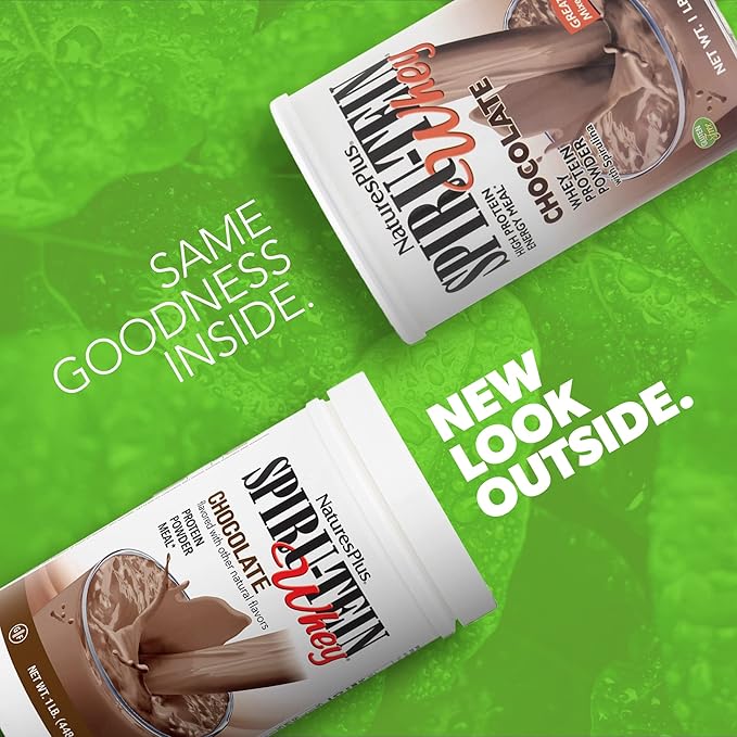 NaturesPlus SPIRU-TEIN WHEY Shake Chocolate - 1 lb - Whey Protein Powder - with Spirulina Vitamins &amp Minerals - Gluten Free - 14 Servings