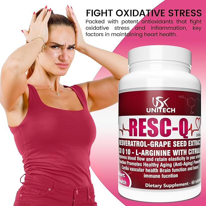 Unitech USK RESC-Q | Dietary Supplement with Resveratrol L-Arginine L-Citrulline &amp Grape Seed Extract | Supports Antioxidant Activity &amp Healthy Blood Circulation | 60 Tablets
