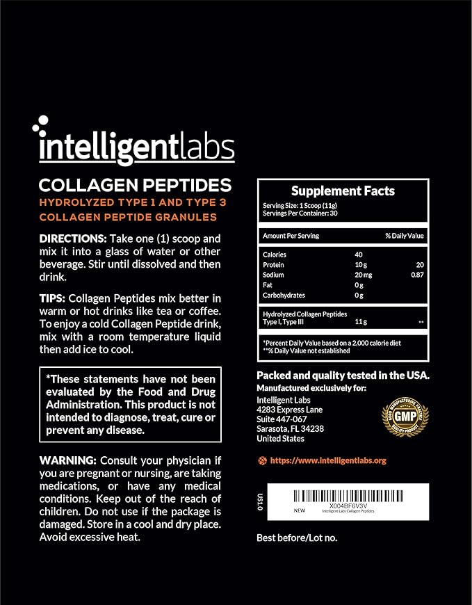 Intelligent Labs Hydrolyzed Type 1 and 3 Collagen Peptide Granules Collagen Powder Unflavored Keto and Paleo-Friendly Third-Party Verified For Purity 11g per Serving 30 Servings a Pouch