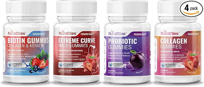 Women’s Wellness Pack - Biotin Maca Probiotic and Collagen Gummies - Supports Hormonal Balance Energy Hair &amp Skin Health - 4-Pack for Daily Vitality