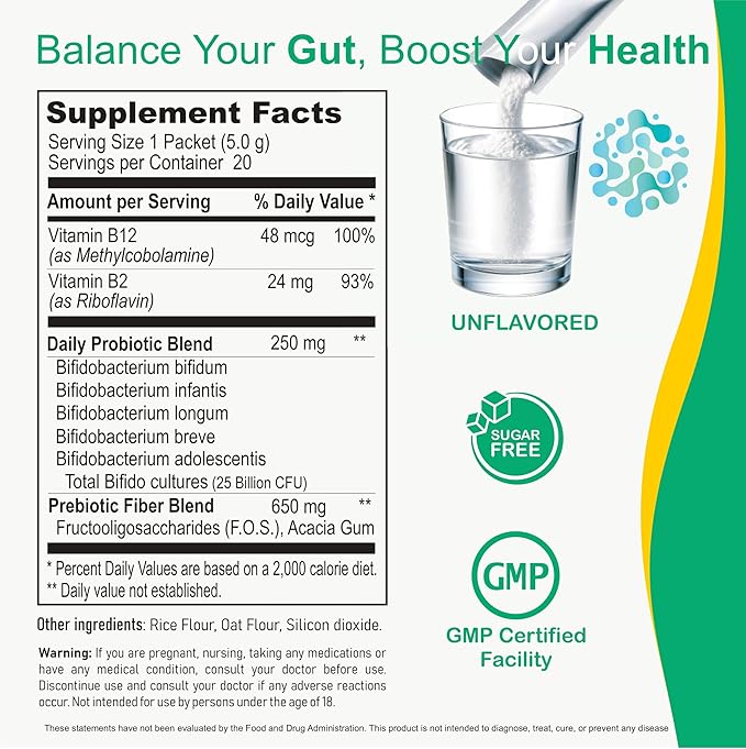 Prebiotic Probiotic Powder 25 Billion CFU Sugar-Free Unflavored 20 Packets with B12 and B2 Vitamins Digestive and Immune Support Supplement