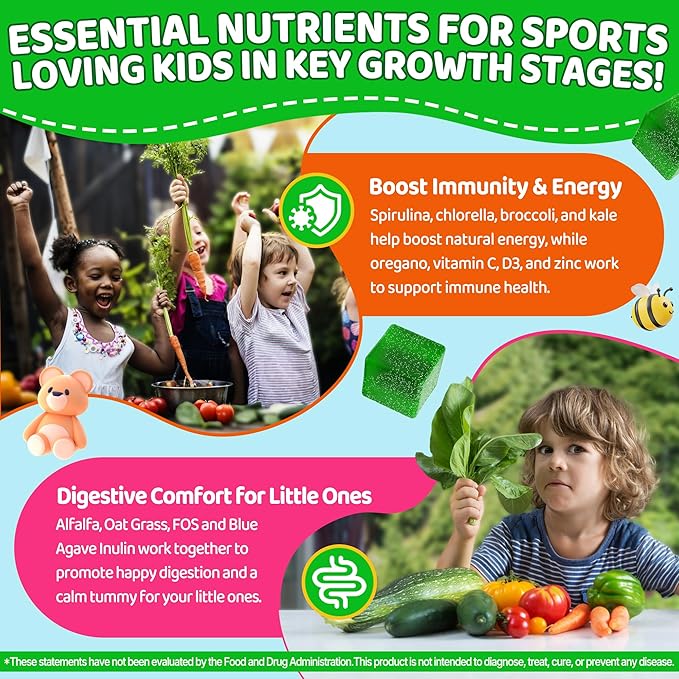 Kids Super Greens Gummies w/Multivitamins 20+ Veggie Fruit Prebiotics Calcium Omega-3 (DHA/EPA) Kids Vitamins Greens Superfood Gummies for Picky Eaters Growth Energy Immune Digestion 2 Pack