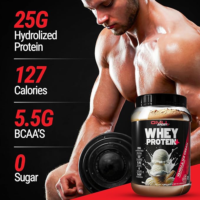 GMU SPORT Whey Protein Powder+ Concentrate 2lb | 25g Protein for Muscle Growth &amp Recovery | Delicious Flavor Easy to Mix | Non-GMO Gluten-Free |28 Servings Vanilla Protein Supplement