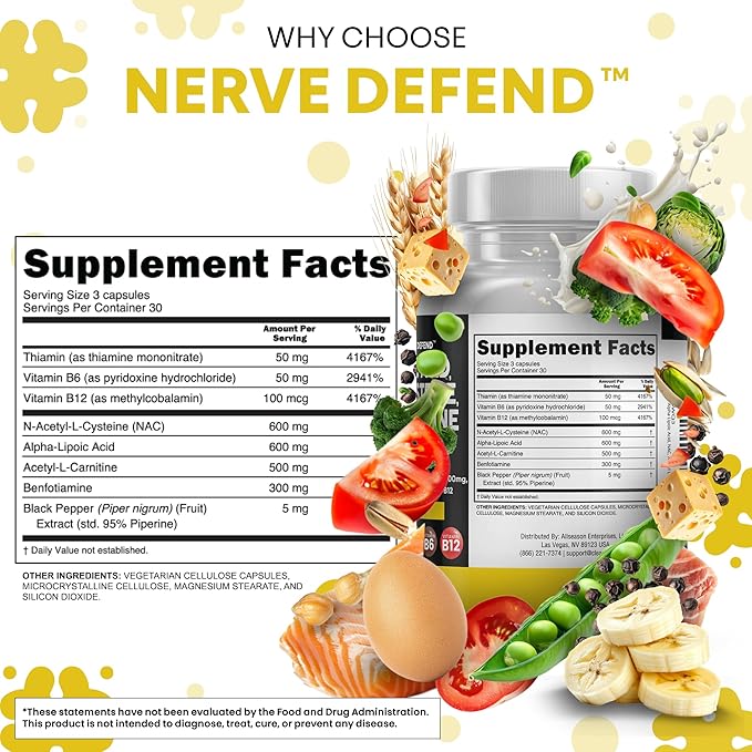 Alpha Lipoic Acid 600mg N-Acetyl Cysteine 600mg Acetyl L-Carnitine 500mg Benfotiamine 300mg - Nerve Support Supplement for Women and Men with Vitamin B1 B6 &amp B12 - Made in USA 90 Caps