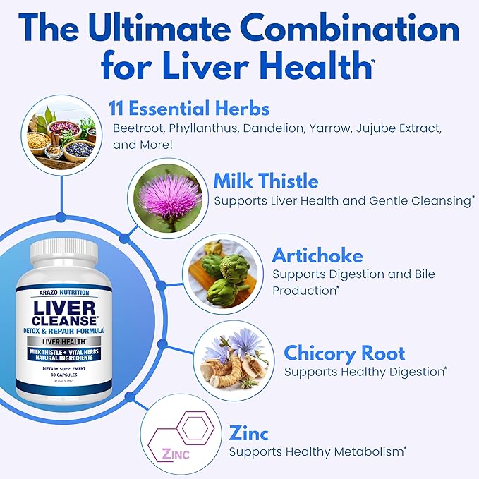 Arazo Nutrition Liver Cleanse Detox &amp Repair Formula – Milk Thistle Herbal Support Supplement: Silymarin Beet Artichoke Dandelion Chicory Root (Pack of 2)