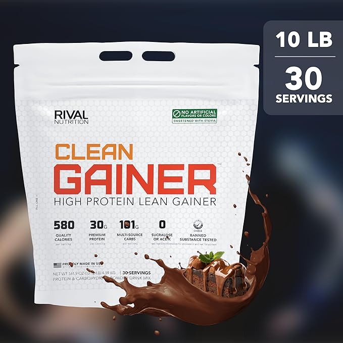 RIVAL NUTRITION Clean Gainer Protein Powder - 10LB Chocolate Fudge - High Protein Lean Mass &amp Weight Gainer | 560 Calories 30g Protein 101g Multi-Source Carbs No Artificial Flavor– 30 Servings