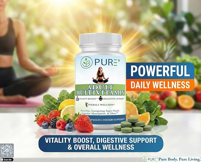 PURE® Adult Multivitamin Iron Free - 90 Vegetable Capsules 30 Servings - High Potency Daily Wellness with Energizing Superfoods B12 &amp Zinc - Digestive Enzymes for Superior Absorption - Made in U