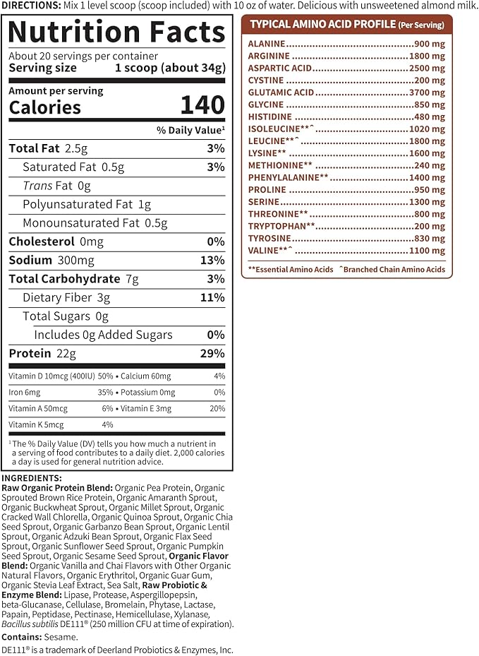 Garden of Life Organic Vegan Protein Powder Plant Based &amp BCAAs Organic Protein Powder with Probiotics &amp Enzymes Non-GMO Gluten-Free Lactose Free Vanilla Chai 1.2 LB
