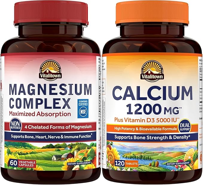 Vitalitown Calcium Magnesium &amp D3 Bundle: High Absorption Calcium for Bone &amp Immune Support with Gentle Stomach Magnesium Complex NSF Certified