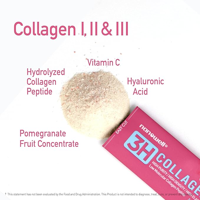 NANOWELL 3H Collagen Peptide 60 Sticks X 5 Boxes for 5 Months - I II &amp III with Vitamin AC E Hydrolyzed Elastin Peptide and Hyaluronic Acid - Hair Nail Skin and Joint Support (300 Count)