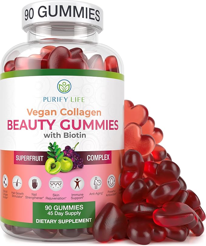 Vegan Collagen Gummies with Biotin Vitamins for Hair Skin and Nails Health (90 Chews) Collagen Support Superfruit Complex with Resveratrol Vitamin A E C - Replace Capsules Pills