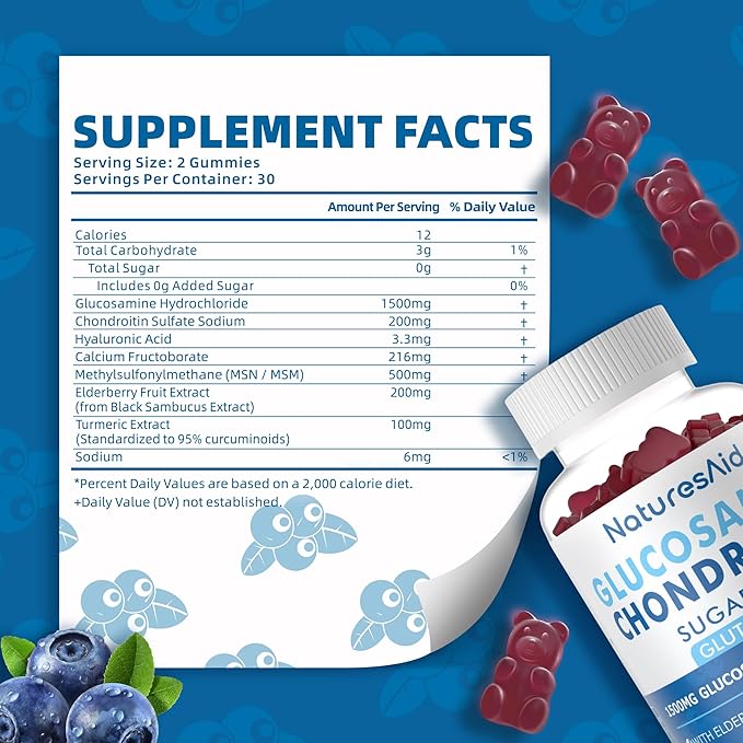 Natures Aid Glucosamine Chondroitin Gummies with MSM &amp Elderberry Extra Strength - Joint Support Antioxidant Immune Support Supplement for Adults Men &amp Women.(2 Pack)
