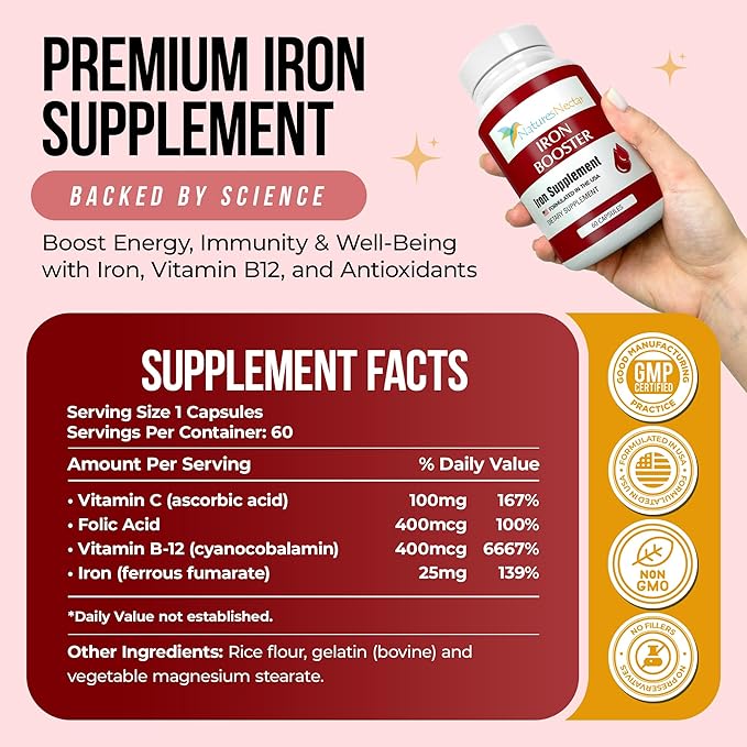Nature's Nectar Blood Builder Iron Supplement for Men &amp Women – Slow Release Non-Constipating Iron Capsules with Vitamin B-12 Folic Acid &amp Vitamin C – Supports Red Blood Cell Production 60 Ca