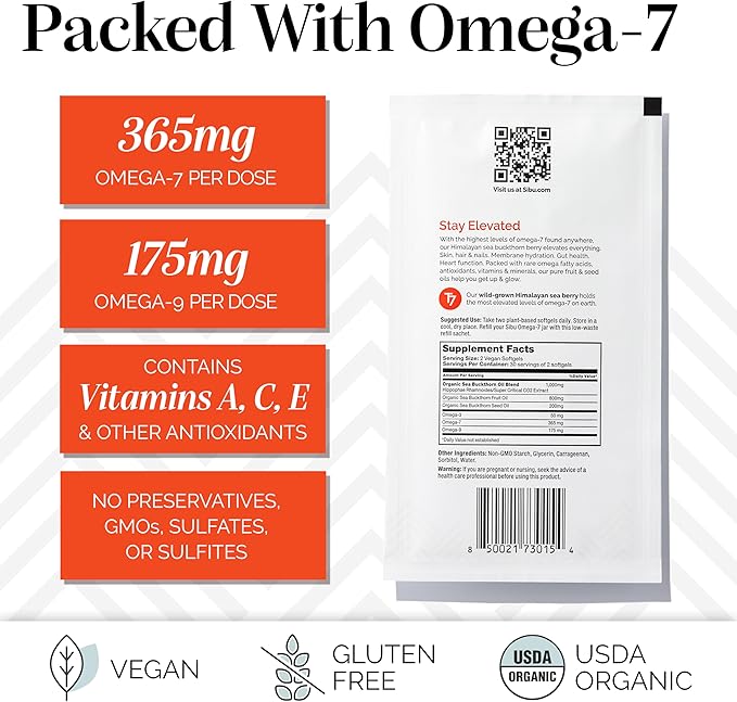 sibu Sea Buckthorn Omega-7 Softgels (90-Day Refill Sachet) – Supplement for Healthy Skin Hair Nails and Dryness