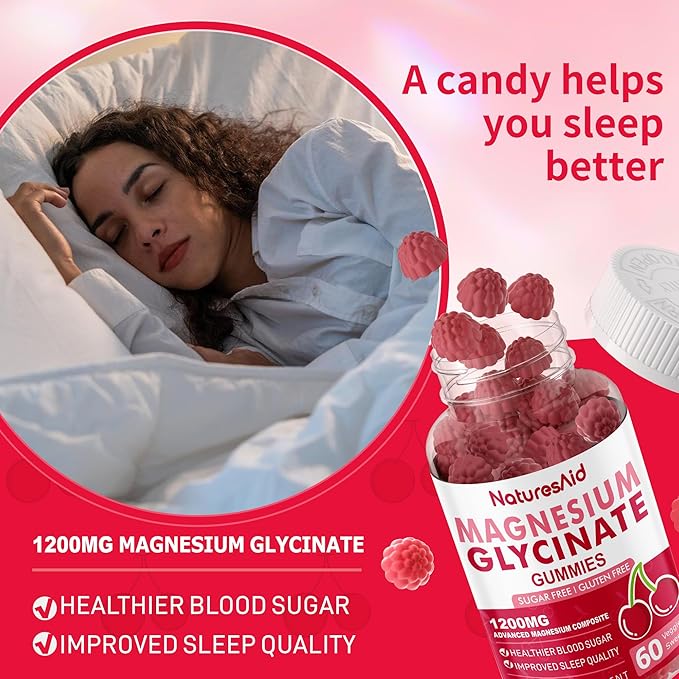 Natures Aid Magnesium Glycinate Gummies 1000mg - Sugar Free Magnesium Potassium Supplement with Vitamin D B6 CoQ10 for Calm Mood &amp Sleep Support - 120 Cherry Gummies -2 Pack