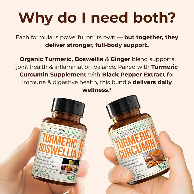 Turmeric Boswellia + Turmeric Curcumin Supplement with Black Pepper Extract Bundle – 95% Curcuminoids for Joint &amp Digestive Health - Joint Support Supplement – with Ginger Root Organic Tumeric Po