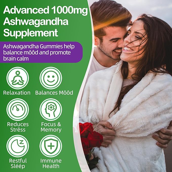 Ashwagandha Gummies 1000mg with L-Theanine &amp Magnesium - Natural Calm Gummies with Vitamin D3 B12 &amp Zinc Support Relaxation Daily Mo♡d Balance Night Rest Sugar Free120 Counts
