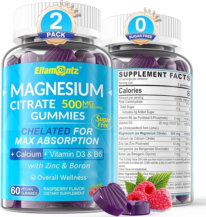 2 Pack Magnesium Citrate Gummies 500mg for Women Men Sugar-Free + Magnesium Glycinate Liquid Drops for Kids Adults