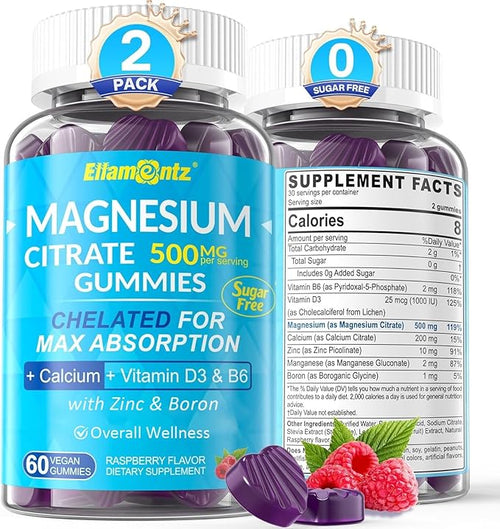 2 Pack Magnesium Citrate Gummies 500mg for Women Men Sugar-Free + Magnesium Glycinate Liquid Drops for Kids Adults