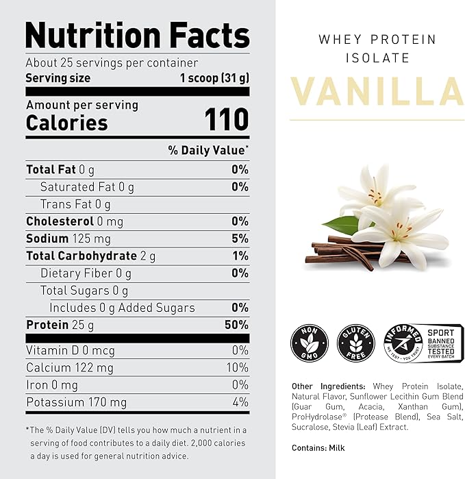 Kaged Whey Protein Isolate Powder | Vanilla | 100% Pure Low Lactose Whey | Post Workout Recovery Drink | Supports Muscle-Building | 25g per Serving | 41 Servings