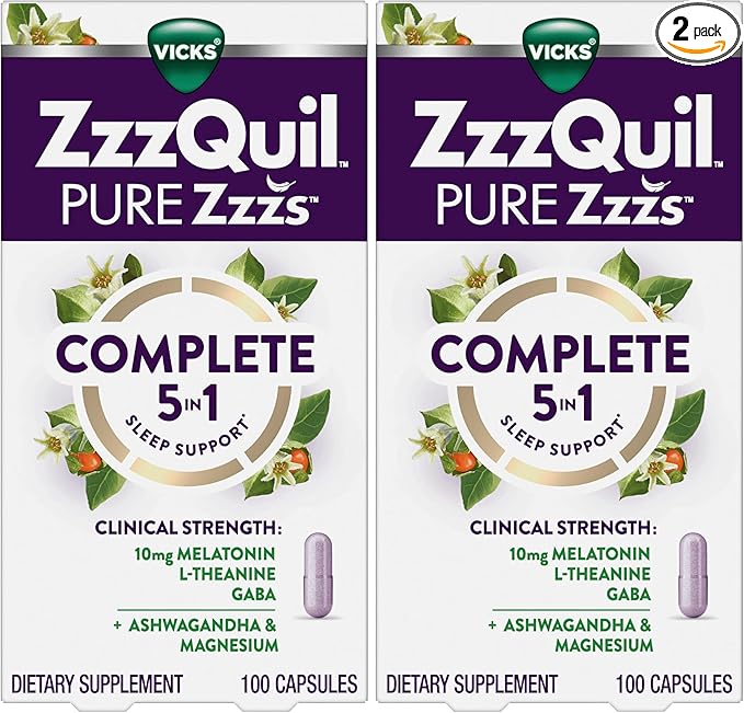 ZzzQuil Pure Zzzs Complete SleepMelatonin 10mgL-TheanineGABAwith Ashwagandhaand MagnesiumMelatonin Sleep Aid100 Count (Pack of 2)