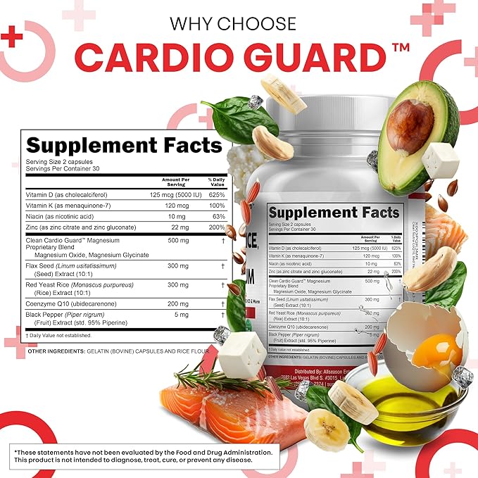 Clean Nutraceuticals COQ10 200mg Red Yeast Rice Omega 3 Magnesium Complex 500mg Niacin Zinc Vitamin K2 D3 - Heart Support Vitamins for Women &amp Men w/Vitamin B3 Coenzyme Q10-60 Ct