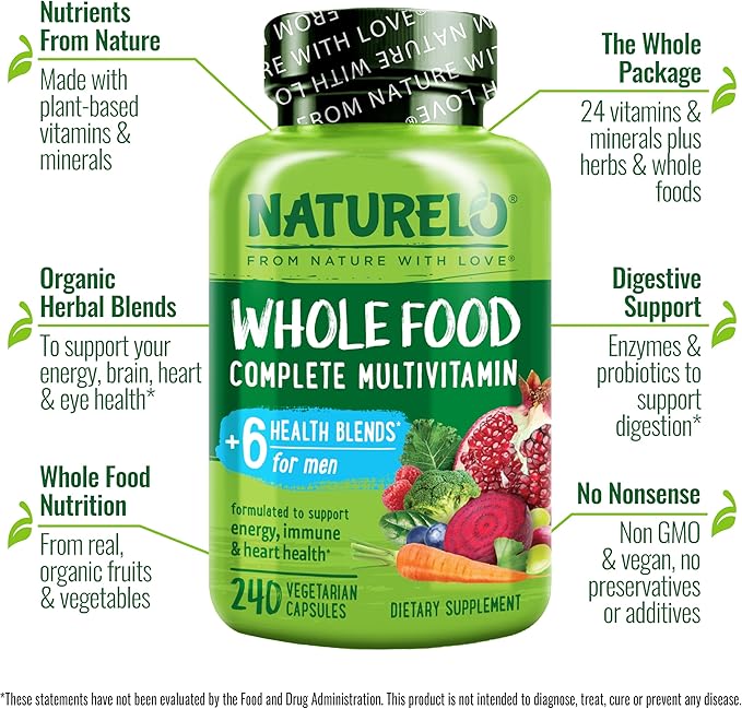 NATURELO Mens Multivitamins - Whole Food Multivitamin for Men with Vitamins Minerals - 240 Vegetarian Capsules for Energy Brain Heart Eye Health*