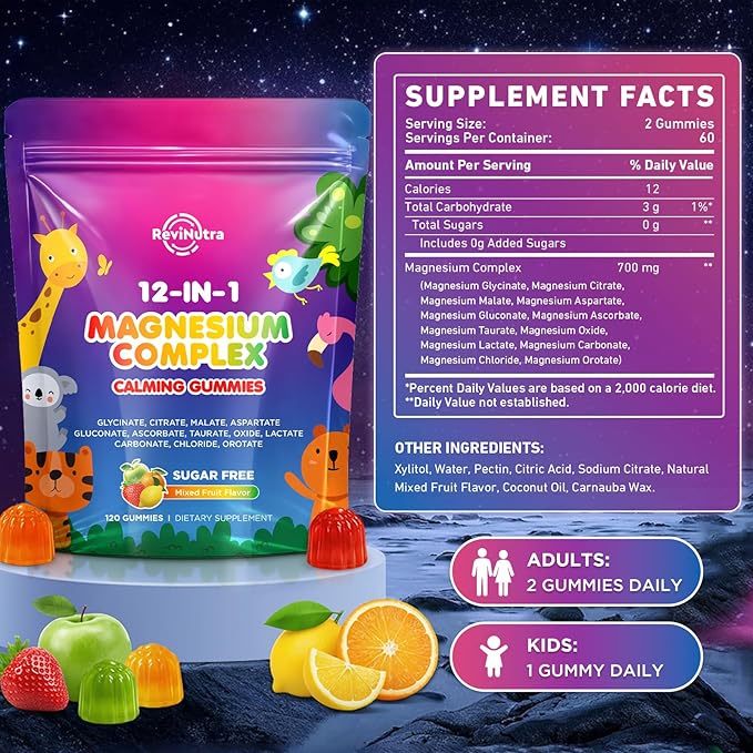 Magnesium Complex 12 in 1 - Magnesium Gummies 700mg with Glycinate Citrate Malate Oxide Taurate &amp More - Support Relaxation Muscle Function Nerve &amp Bone Health - Sugar Free Mixed Fruit 1
