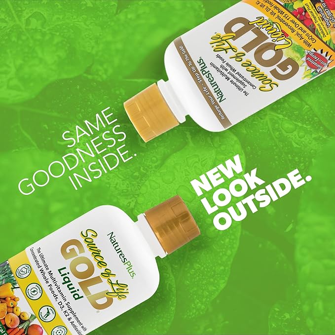 NaturesPlus Source of Life GOLD Multivitamin Liquid - 30 fl oz Pack of 2 - Includes Vitamins D3 B12 K2 &amp Over 120 Whole Food Nutrients - 60 Total Servings