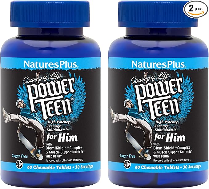 NaturesPlus Source of Life Power Teen for Him Wild Berry - 60 Chewable Tablets Pack of 2 - High Potency Teenage Multivitamin - Gluten Free Sugar Free - 60 Total Servings