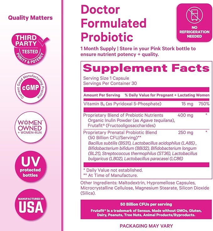 Pink Stork Prenatal Probiotics for Women - Vitamin B6 Prebiotics Morning Sickness Gut Microbiome Pregnancy Probiotic Immune Support Pregnancy Must Haves - 60 Capsules